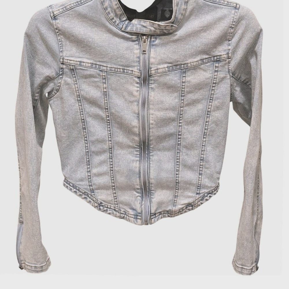 Reserve Fairfax Light Wash Denim Moto Jacket S Cropped Corset Curved Hem Spandex